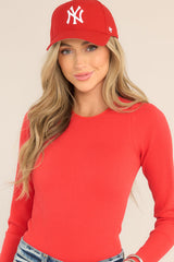 Protecting My Peace Red Ribbed Long Sleeve Bodysuit - Red Dress