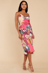 Ready For The Runway Pink Floral Print Midi Dress - Red Dress