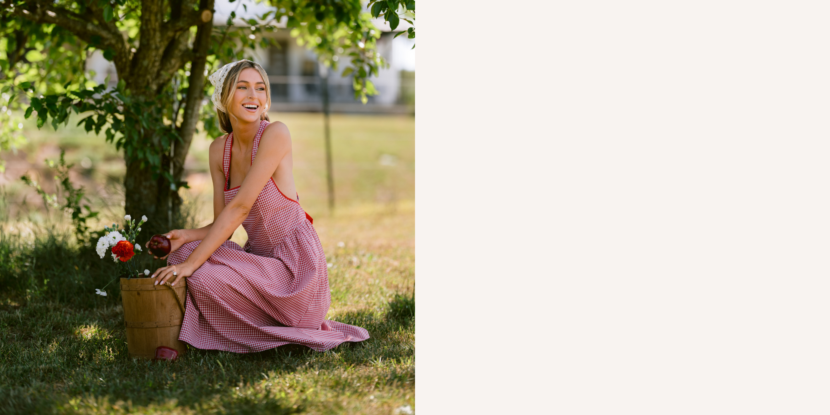 Woman in a red gingham, open-back dress, sitting in a field with a bucket of flowers and apples.
