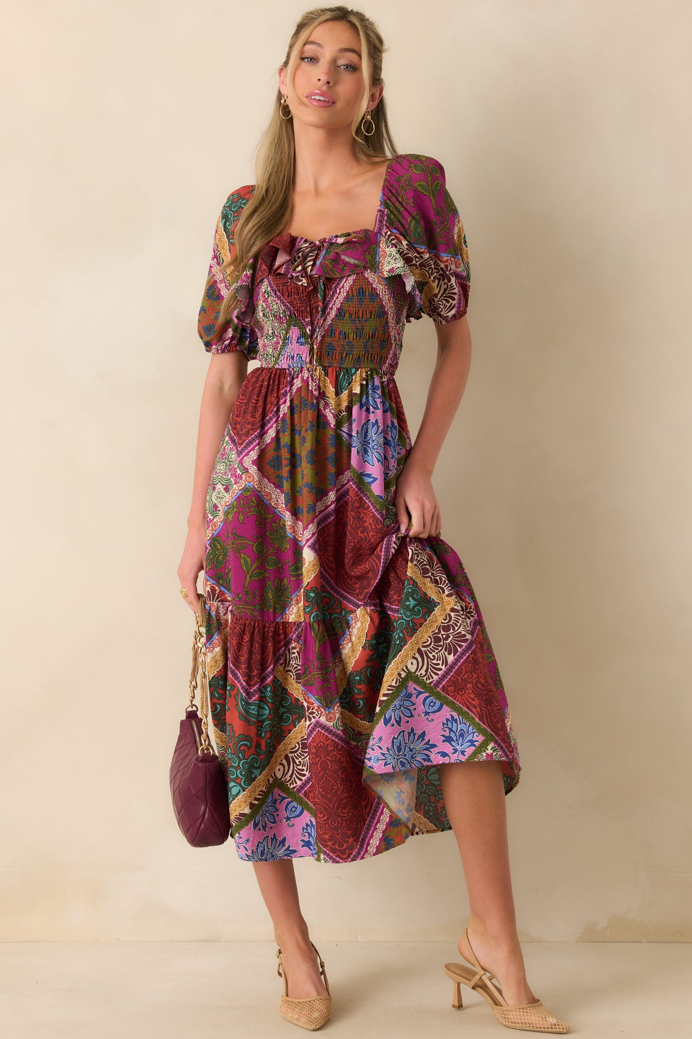 Red Multi Patchwork Print Puff Sleeve Dress - Midi Dress | Red Dress