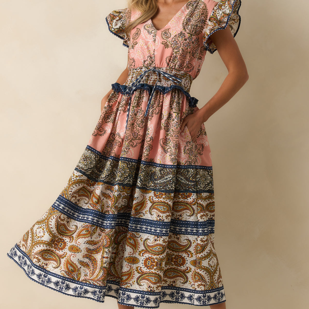 Rose Pink Multi Print Cotton Dress - Midi Dresses