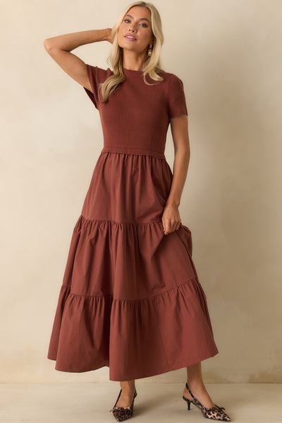 chinese dress ladies Rust Ribbed Knit Bodice Maxi Dress - Short Sleeve Dresses