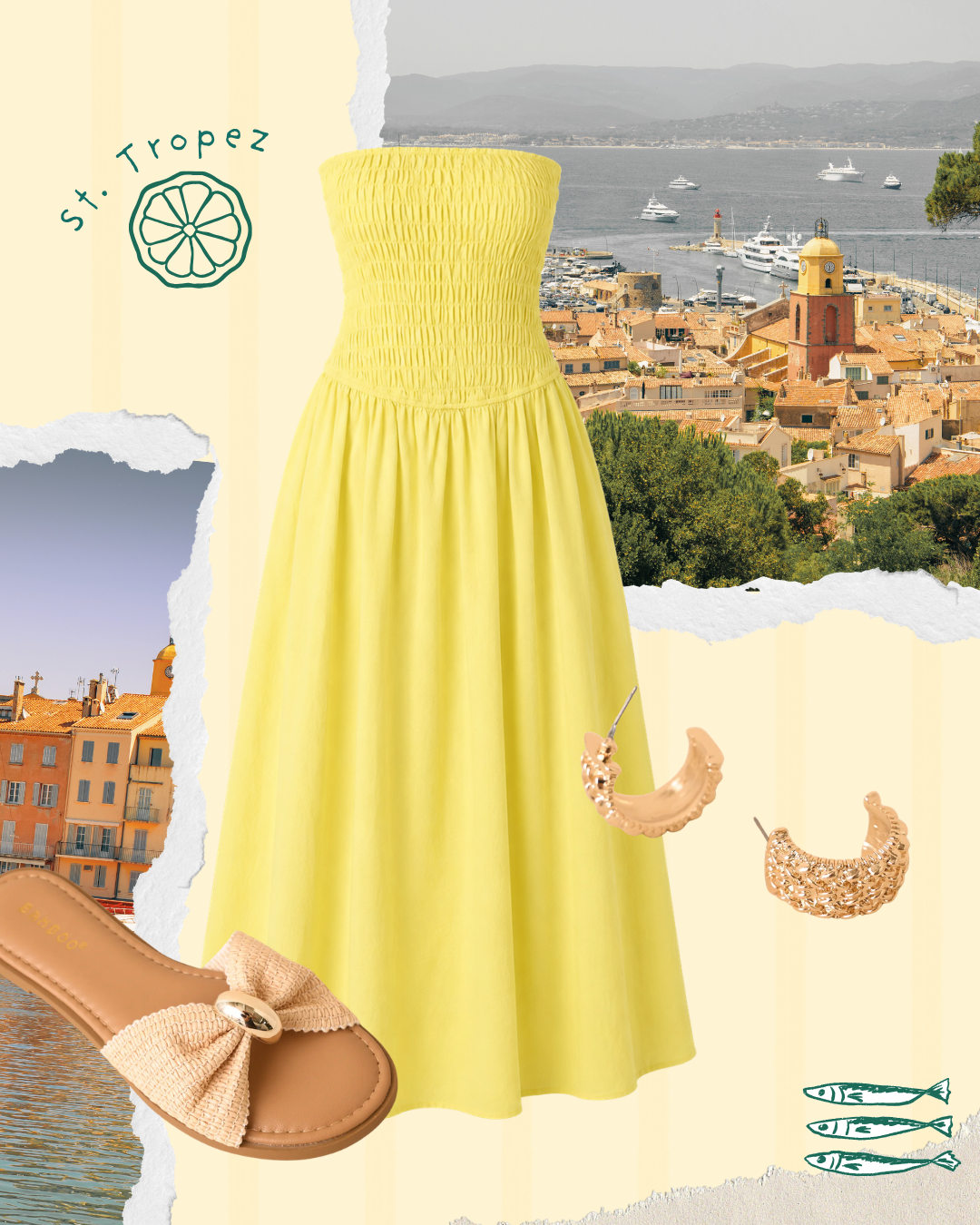 Fully smocked, strapless yellow cotton dress in front of a coastal backdrop. 
