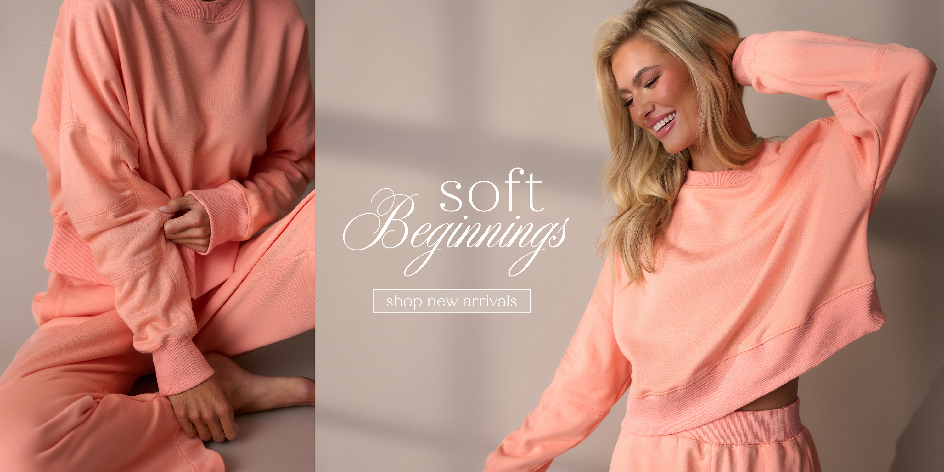 Model wearing a peach lounge set with a relaxed sweatshirt and matching pants, styled for spring comfort. Shop these new styles.