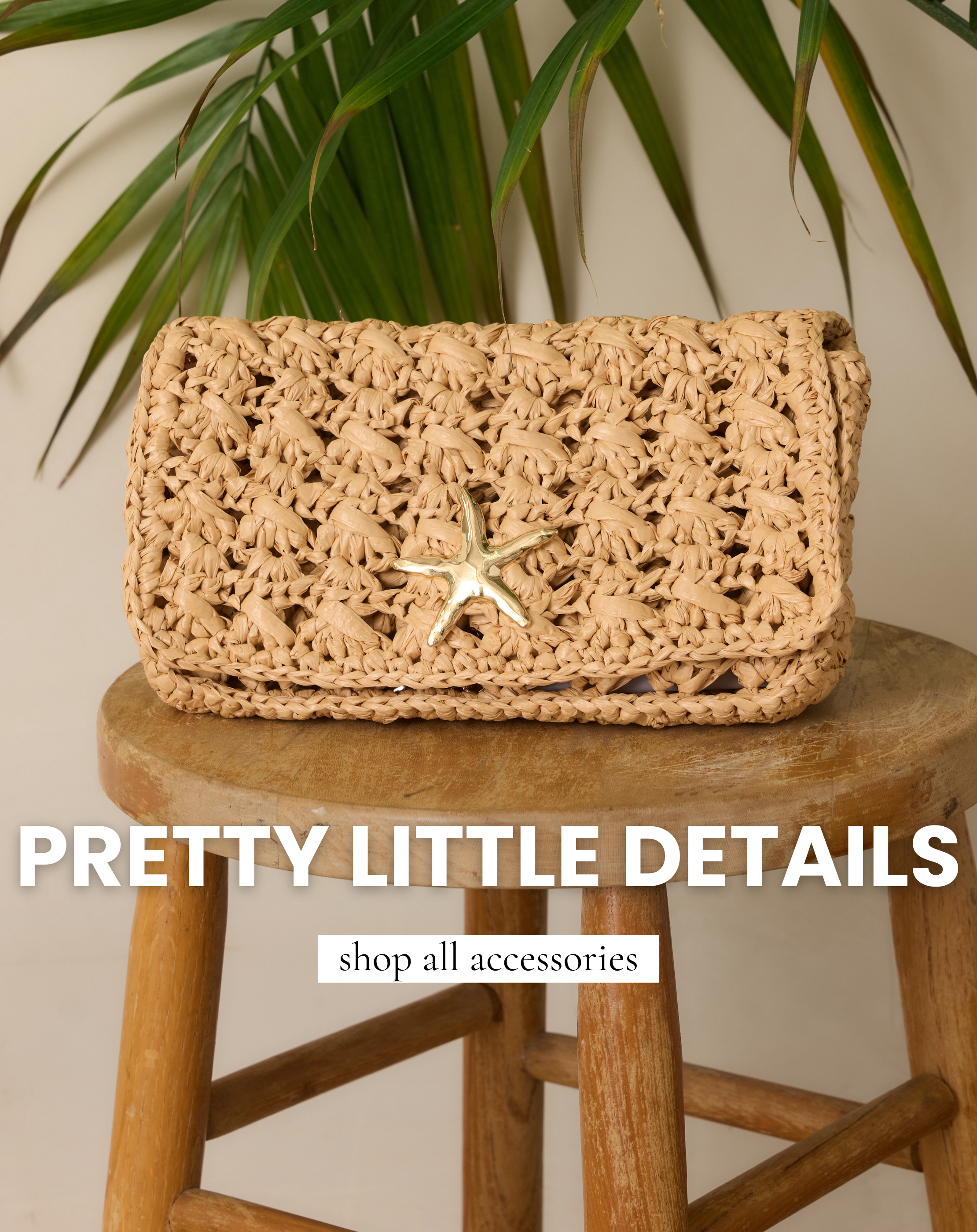 Woven straw clutch handbag in women’s boutique accessories collection with chic summer styling. Clutch is featured in All Accessories Shop. 