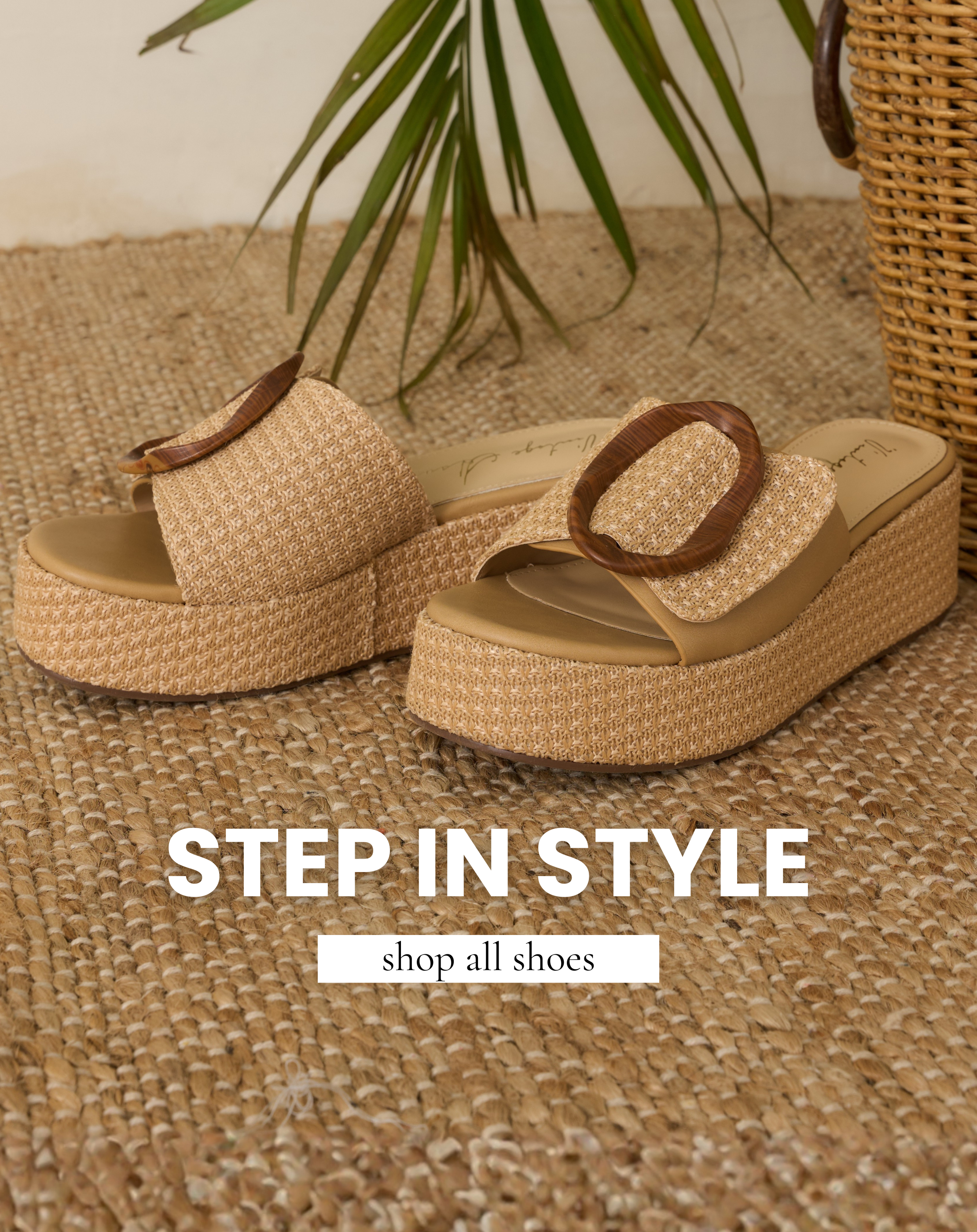 Women’s raffia platform sandals in neutral resort-inspired boutique summer fashion. Shoes are featured in All Shoes collection. 