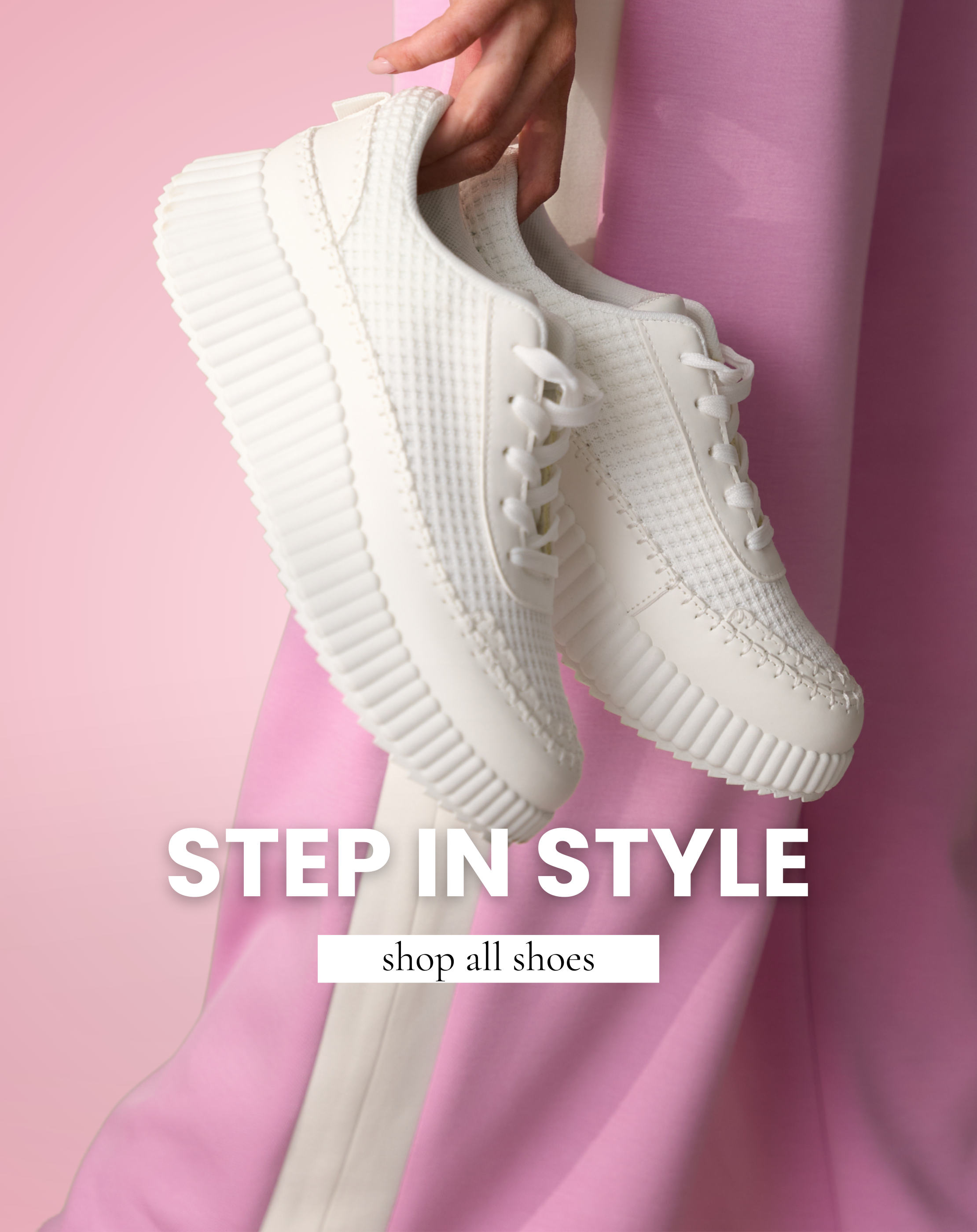 White platform sneakers styled with a pink outfit, featured in a women’s spring shoes collection.