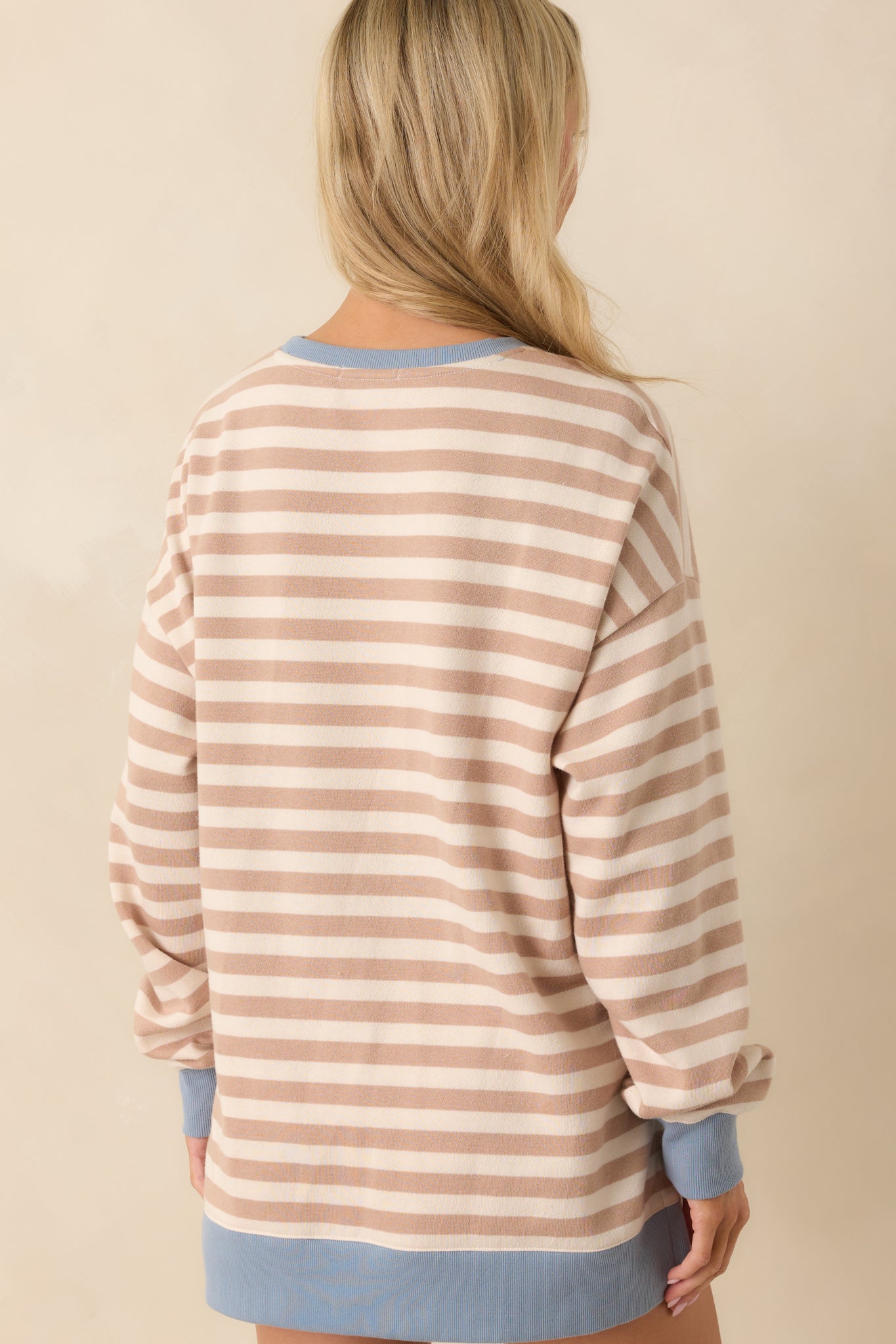Rear view of striped sweatshirt with relaxed fit and blue contrast trim.