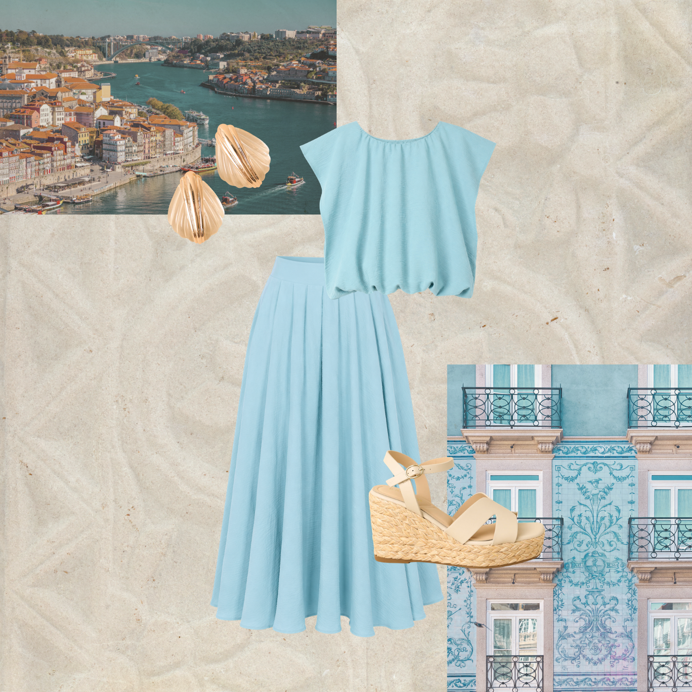 Cut out of a two piece, light blue skirt set in front of a Portugal backdrop and textured stone. 