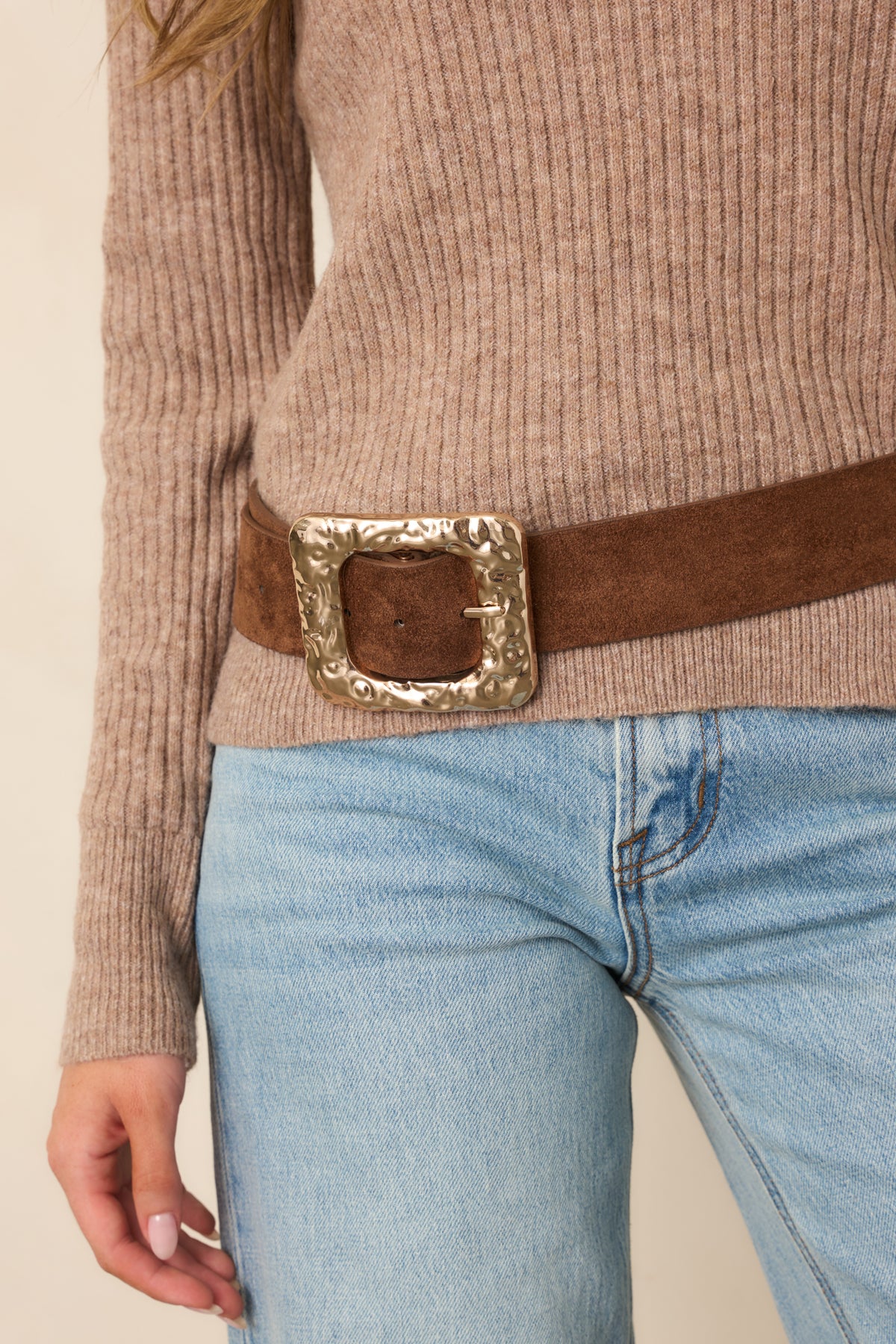 That Settles It Brown & Gold Hammered Buckle Belt featuring a wide brown suede band and oversized hammered gold square buckle.