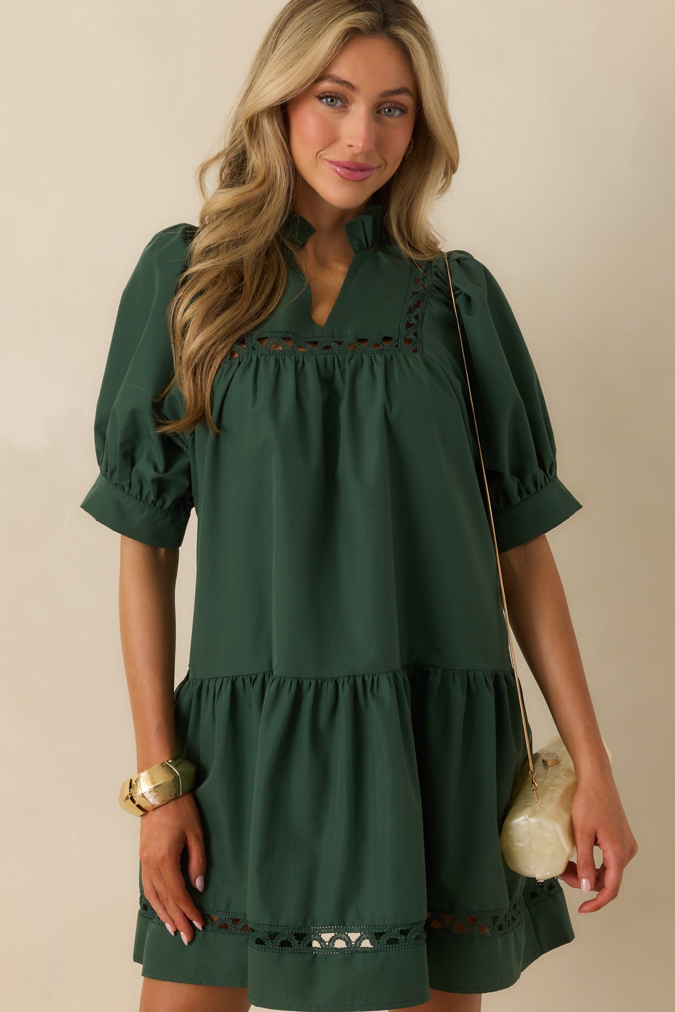 Feels Just Right Hunter Green Puff Sleeve Embroidered Eyelet Mini Dress