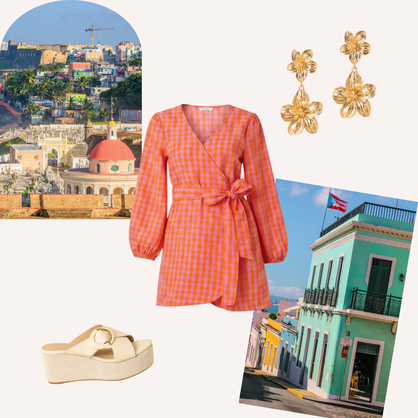 Cutout of a pink and orange plaid dress, surrounded by scenic beach photos and various accessories.