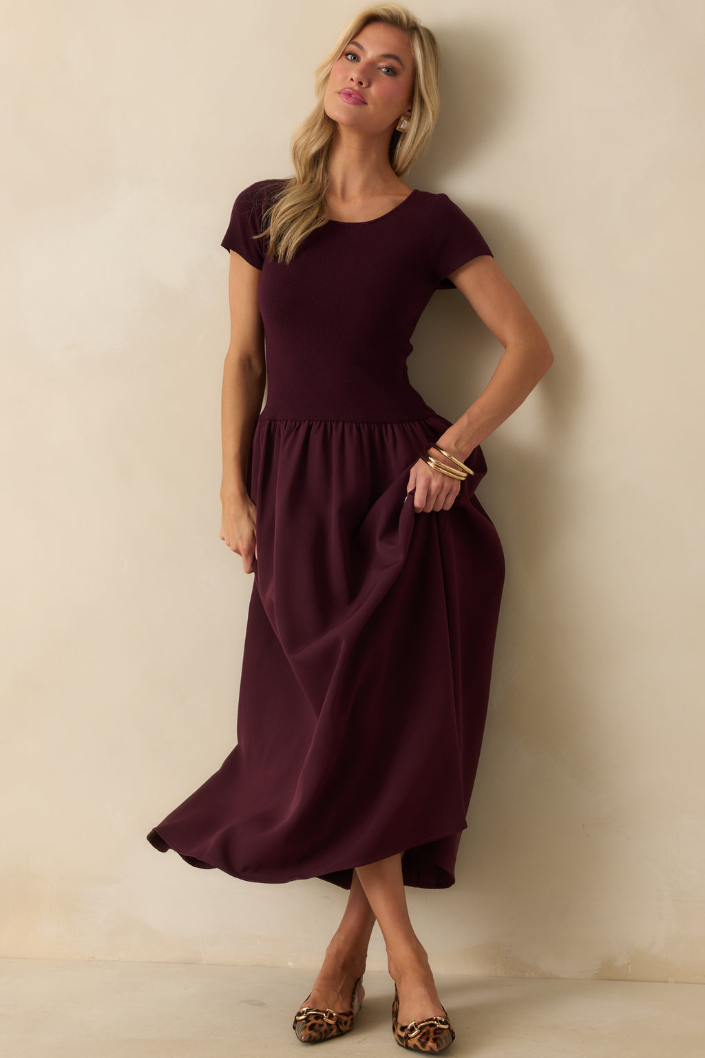Wine Red Ribbed Knit Bodice Maxi Dress - All Dresses