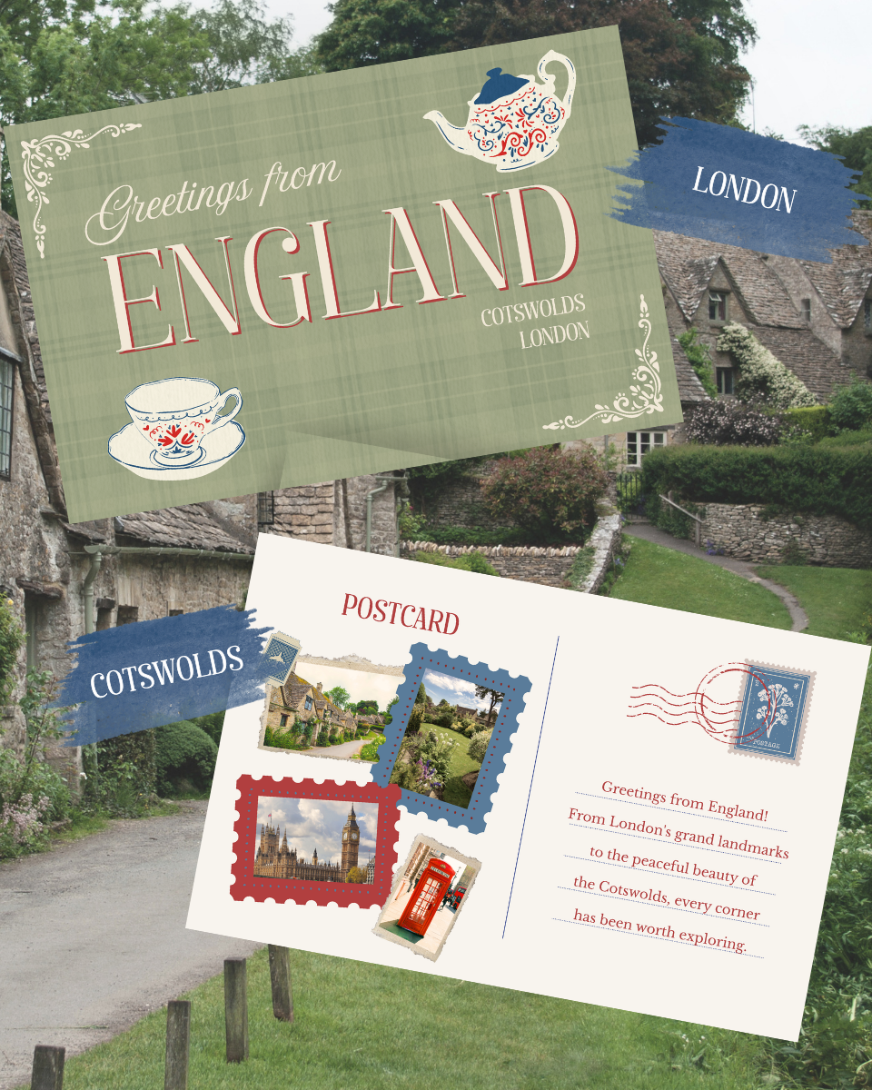 England Destination Vacation Collection mobile banner featuring a vintage postcard design inspired by London and the Cotswolds with a Shop the Collection button.