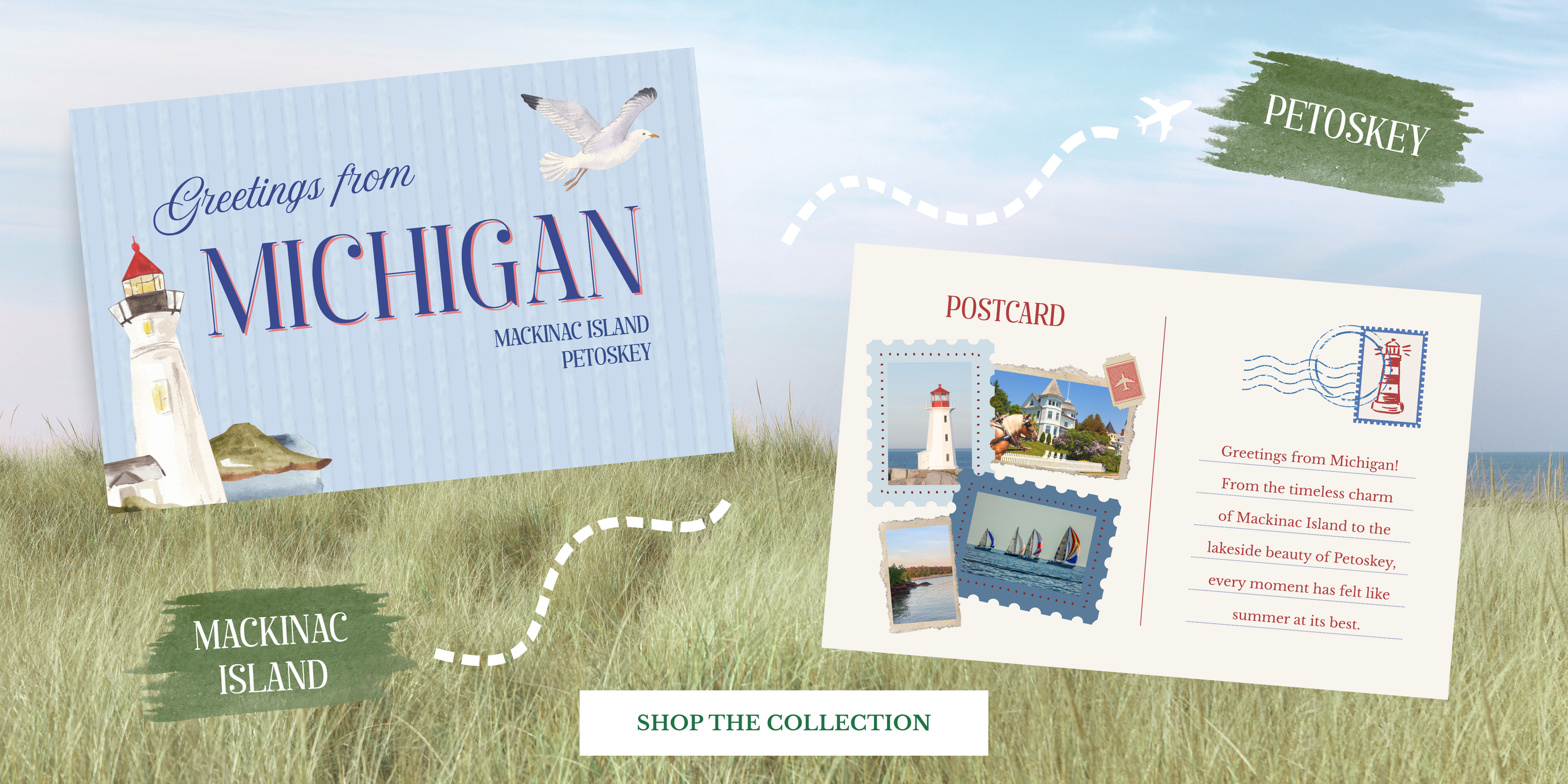 Michigan postcard-inspired women's clothing collection featuring Mackinac Island and Petoskey with vintage travel artwork and a Shop the Collection button.