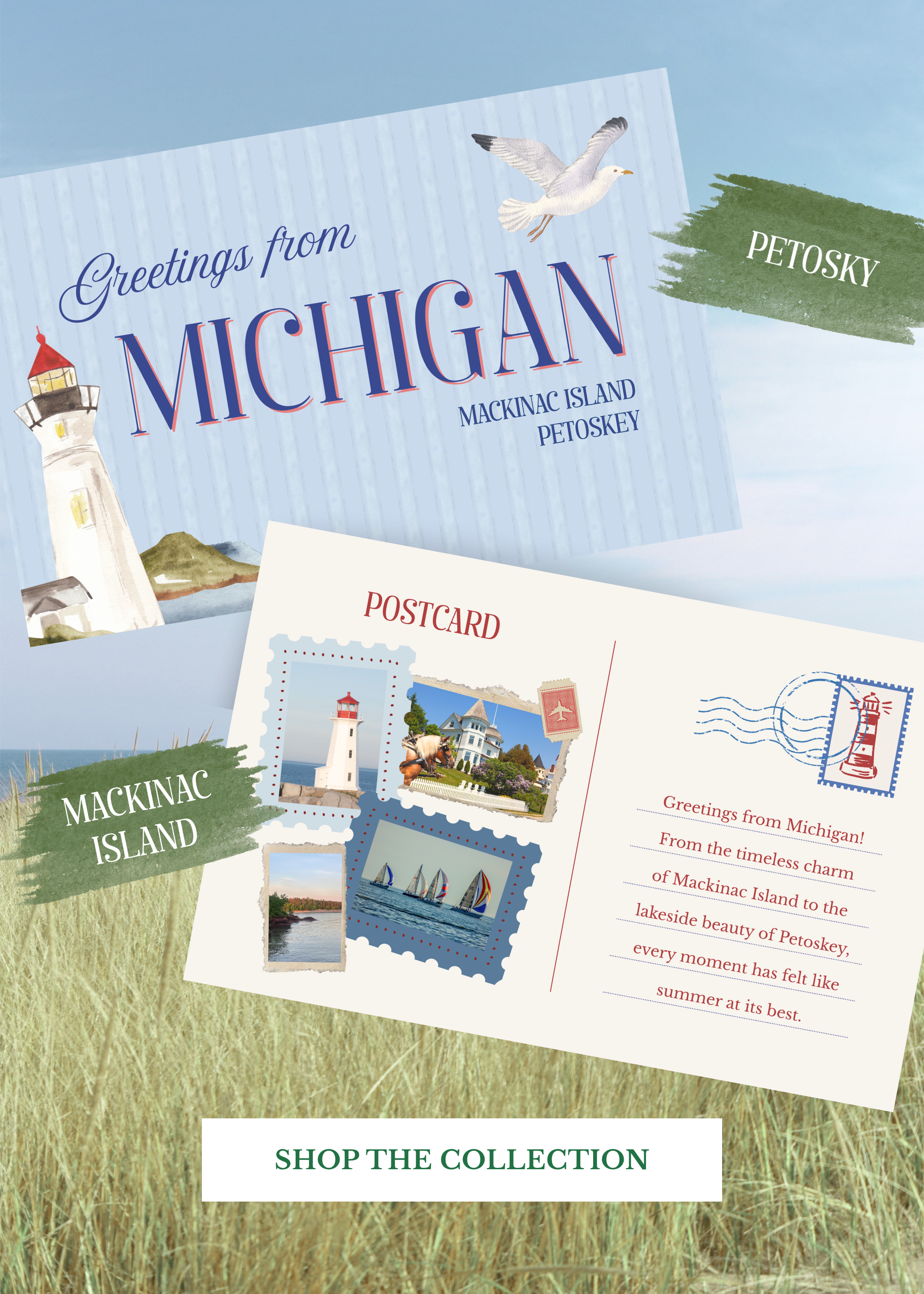Michigan postcard-inspired women's clothing collection featuring Mackinac Island and Petoskey with vintage travel artwork and a Shop the Collection button.