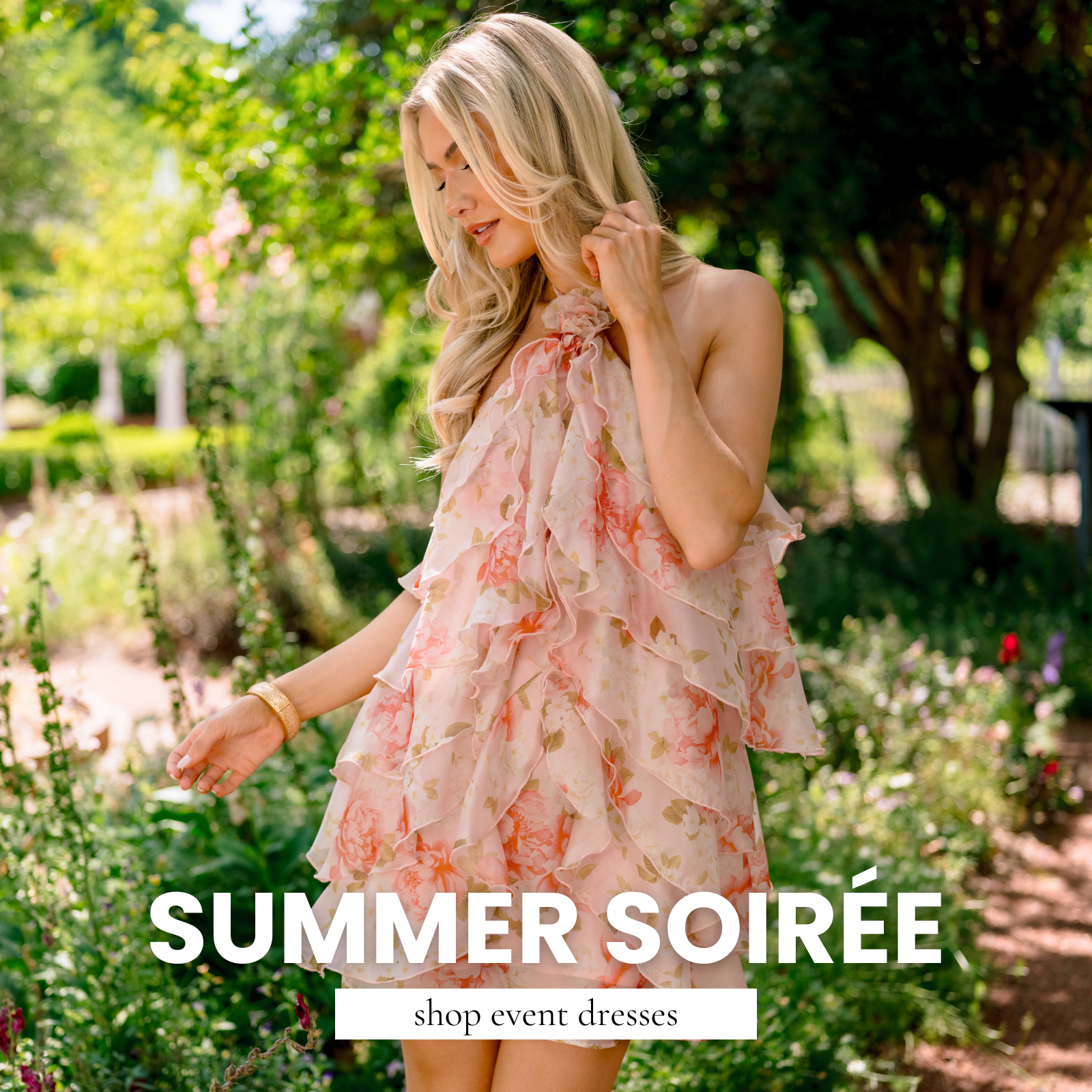 Women's blush floral ruffle halter dress with layered chiffon details, styled for summer weddings, garden parties, and special events.