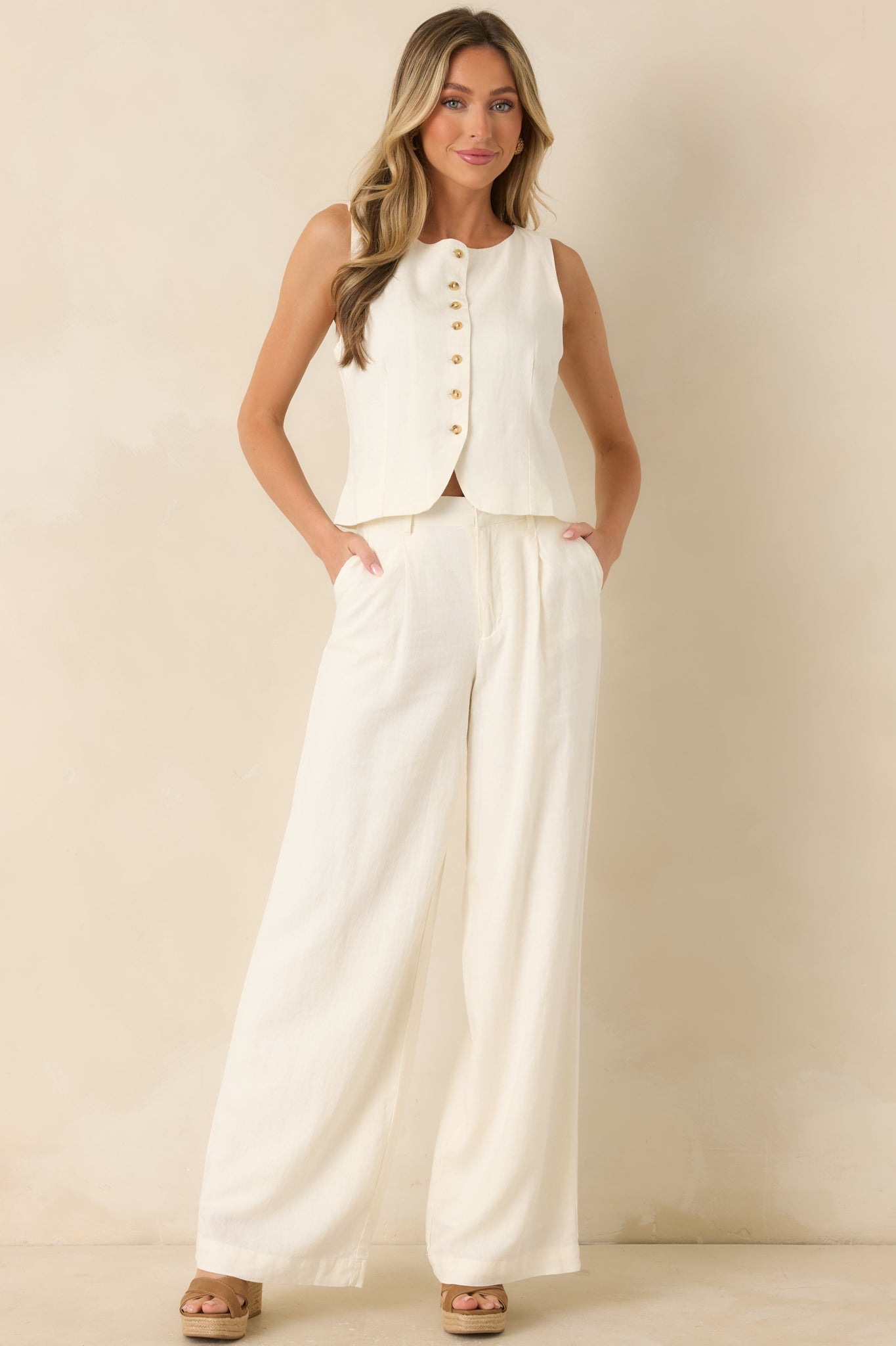 Washed linen blend pants showcasing a classic straight-leg shape, side seam pockets, and comfortable structured fit.