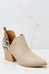2 Balance The Scales Taupe Snakeskin Ankle Booties at Red Dress