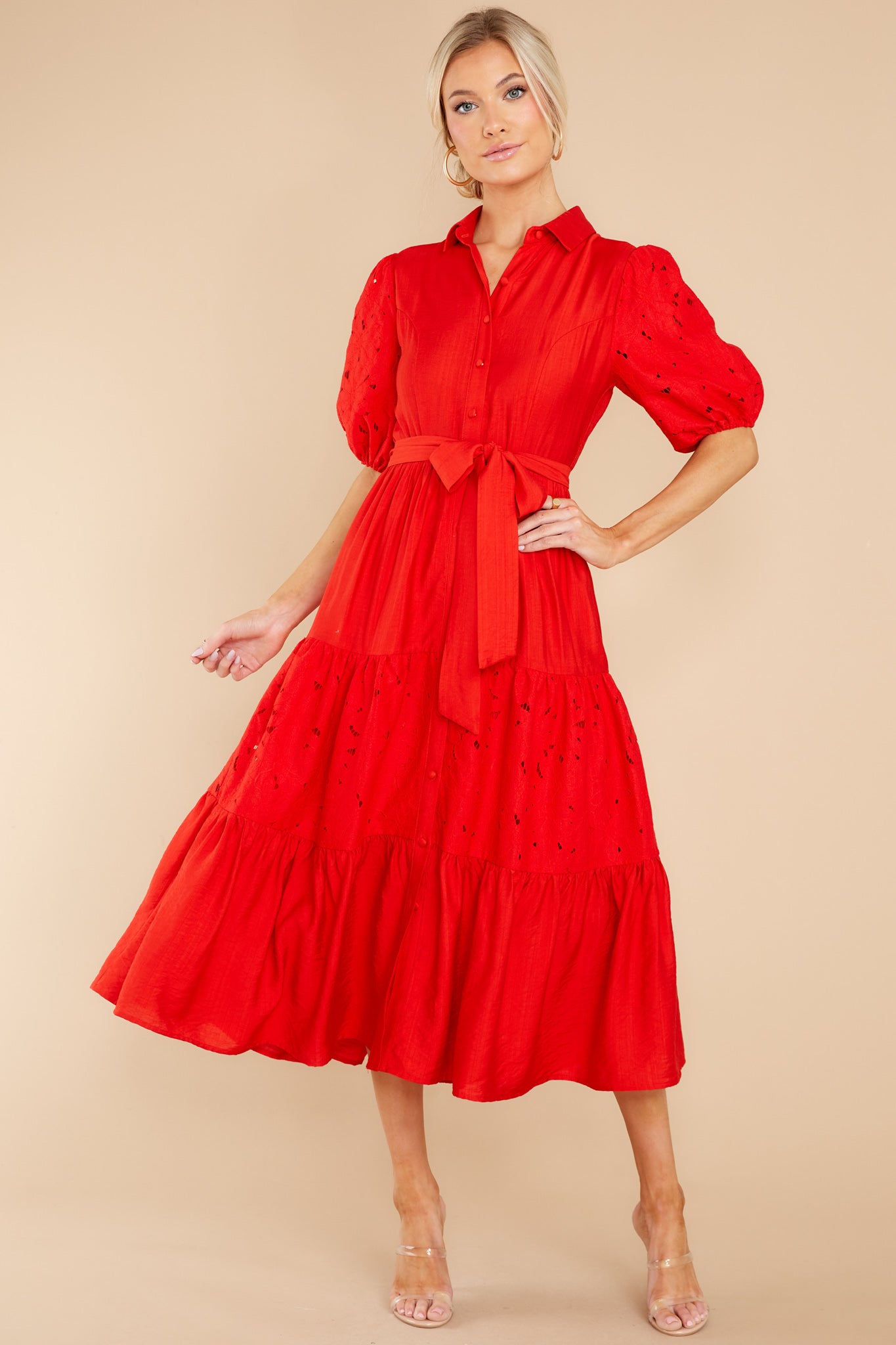 Cute Floral Print Dress - Red Midi Dress - Short Sleeve Dress - Lulus