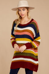 5 All This Time Burgundy Multi Stripe Sweater at reddress.com
