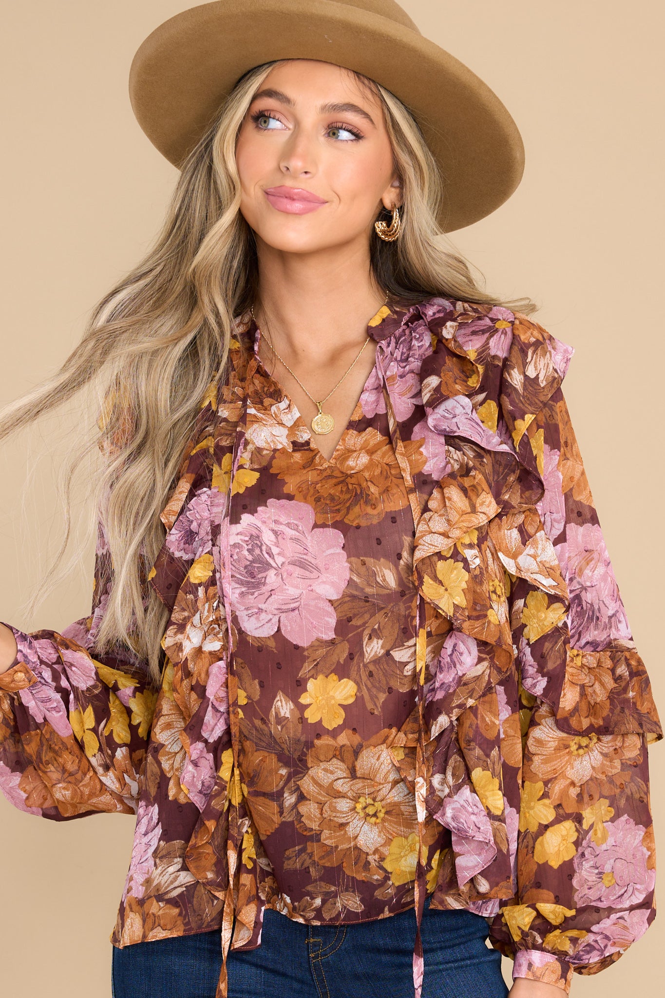 8 Undeniably Special Brown Multi Floral Print Top at reddress.com