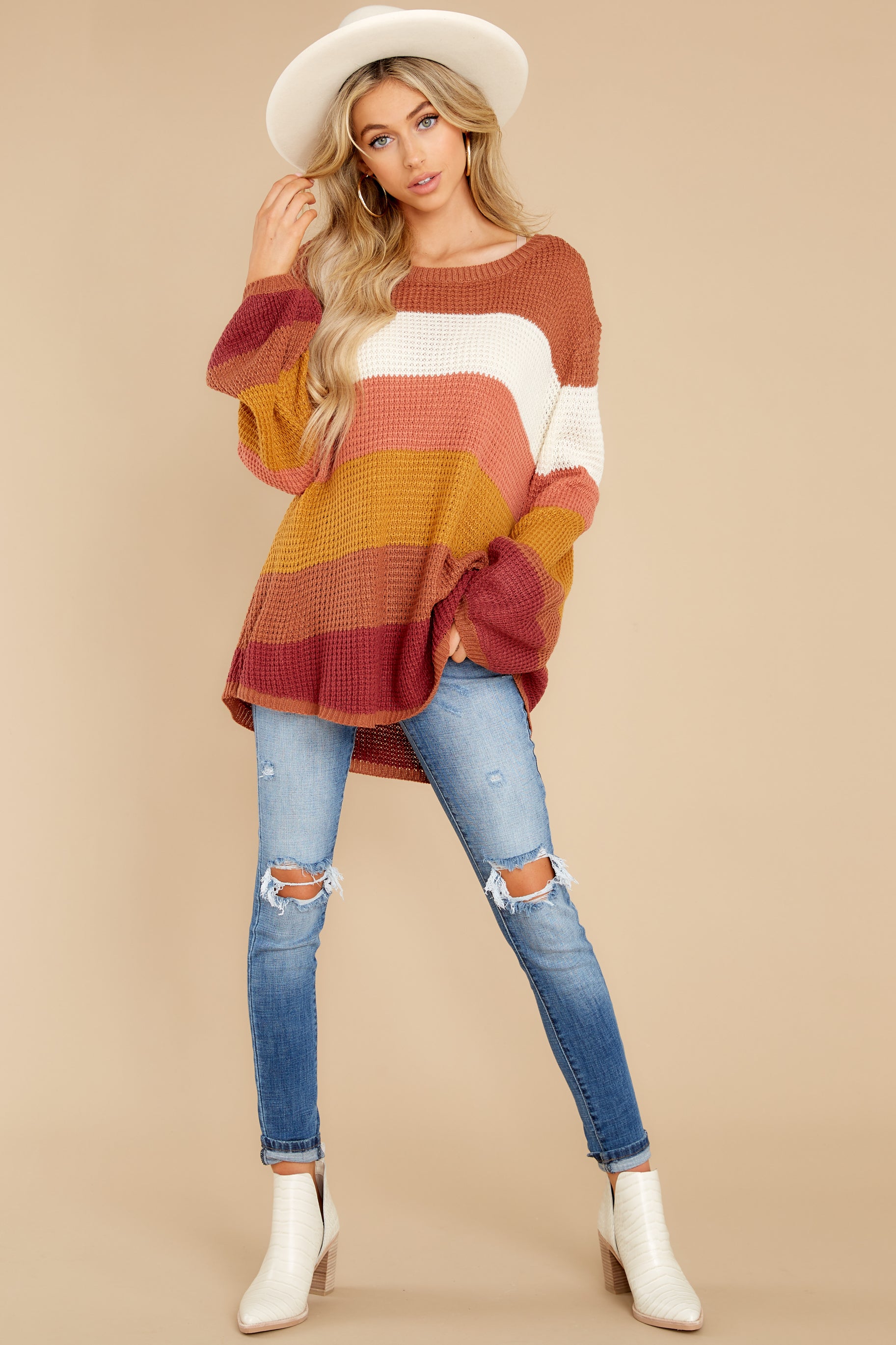 4 Time To Know Rust Multi Sweater at reddress.com