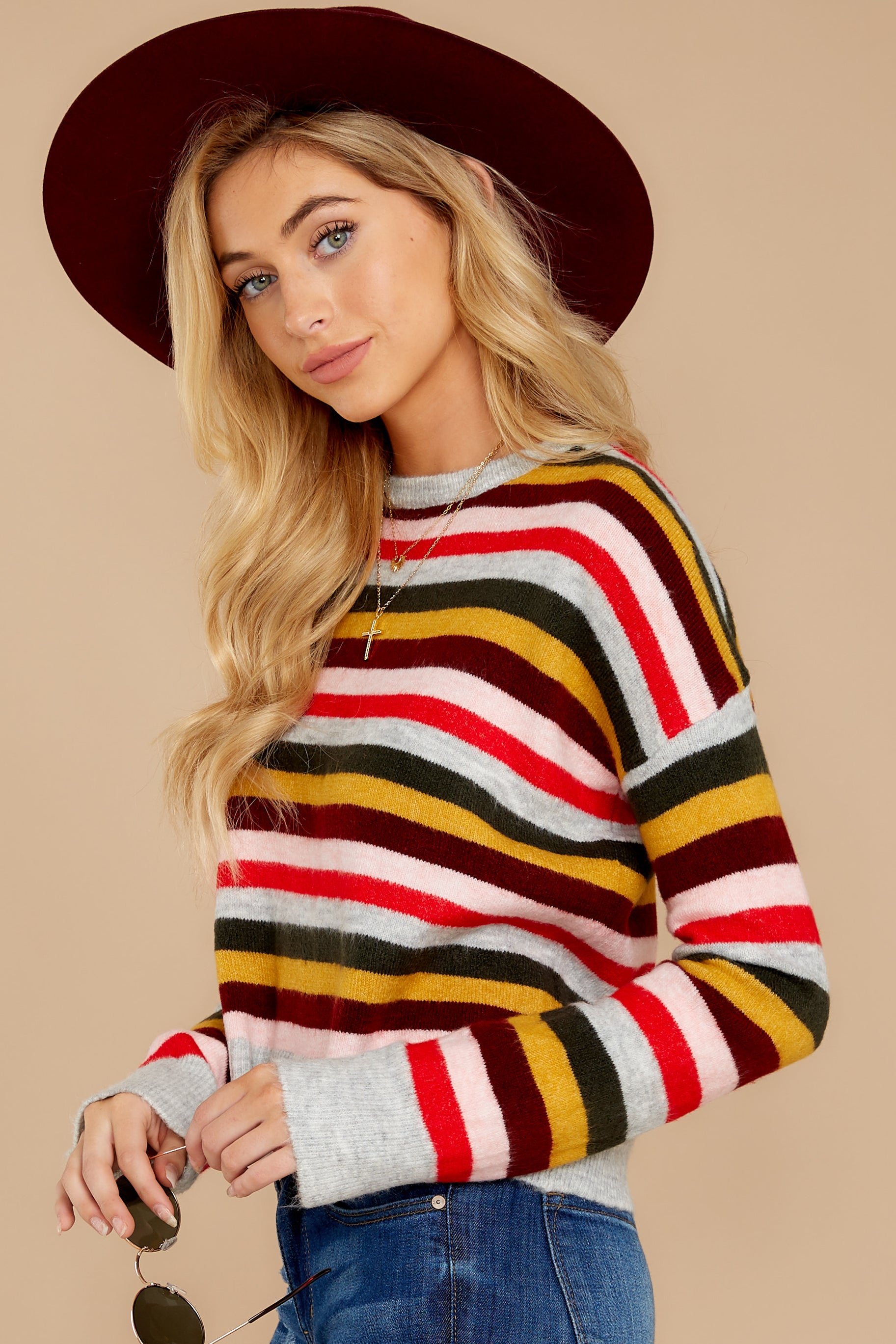 3 Step Out Of Line Burgundy Multi Stripe Sweater at reddress.com
