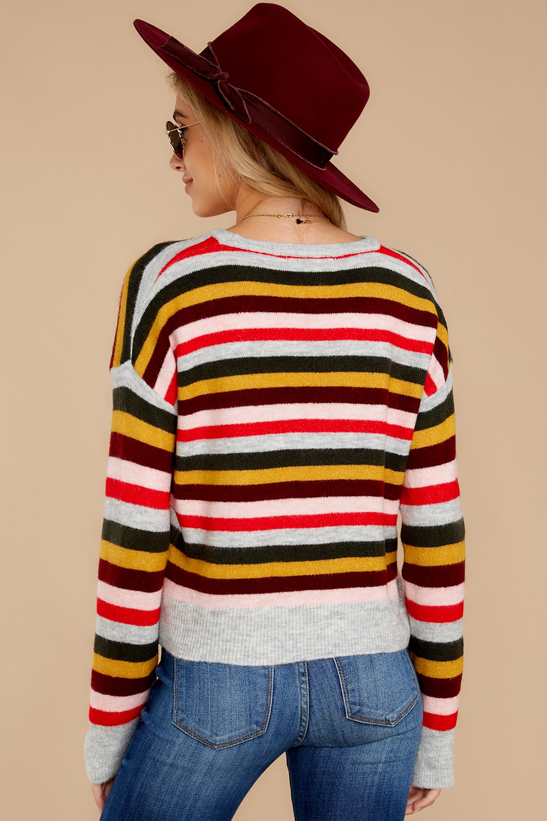 6 Step Out Of Line Burgundy Multi Stripe Sweater at reddress.com