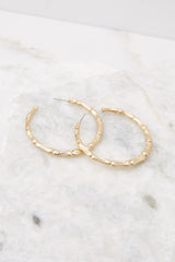 Angled side view of these hoops that feature texture detailing.
