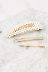 3 State Your Purpose Gold Pearl Hair Clip Set at reddress.com