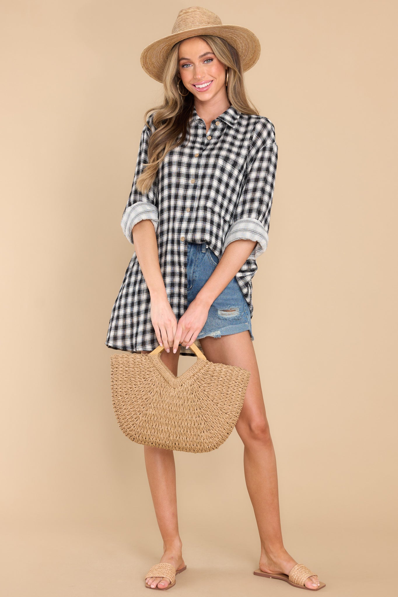 1 Word To The Wise Black Plaid Top at reddress.com