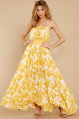4 Sweet Like You Yellow Print Strapless Maxi Dress at reddress.com
