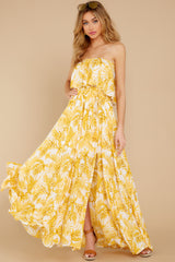 5 Sweet Like You Yellow Print Strapless Maxi Dress at reddress.com