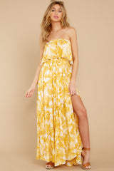 7 Sweet Like You Yellow Print Strapless Maxi Dress at reddress.com