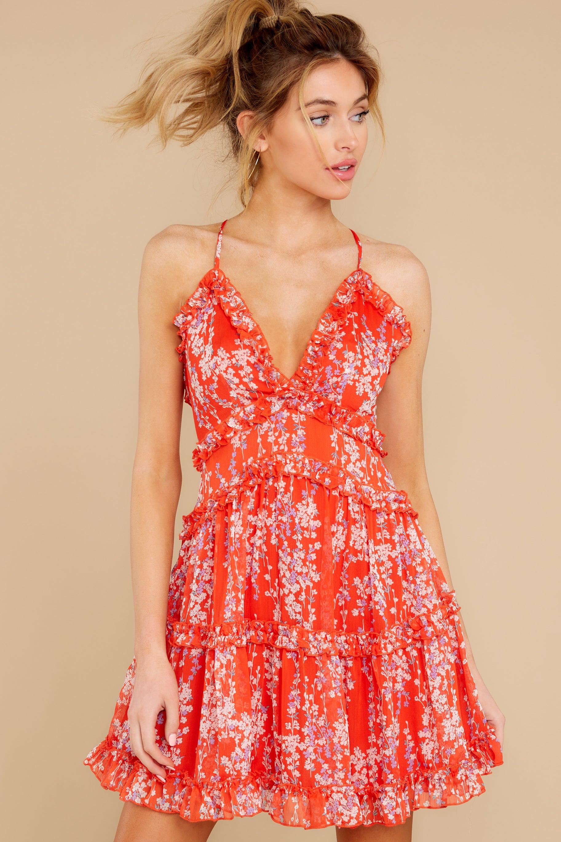 7 Hey There Tomato Red Floral Print Dress at reddress.com