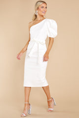 7 Simply Classic White One Shoulder Midi Dress at reddress.com