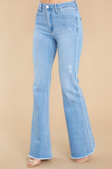 3 You Are Enough Light Wash Distressed Flared Jeans at reddress.com