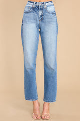 Front view of  these jeans that feature a tapered leg, seam detailing and functional front pockets.