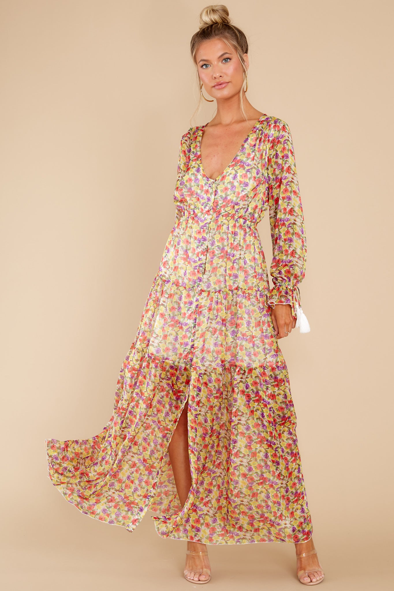 3 View From The Meadow Yellow Floral Print Maxi Dress at reddress.com