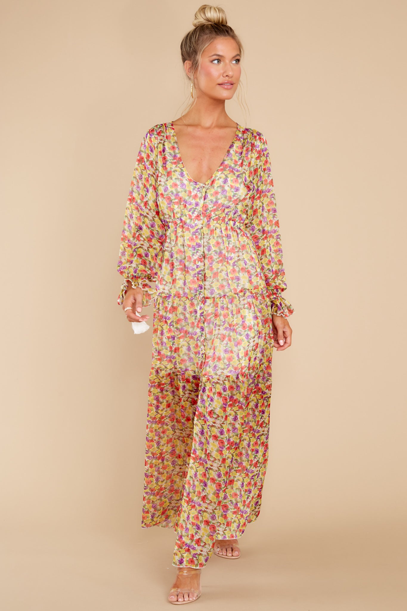 5 View From The Meadow Yellow Floral Print Maxi Dress at reddress.com