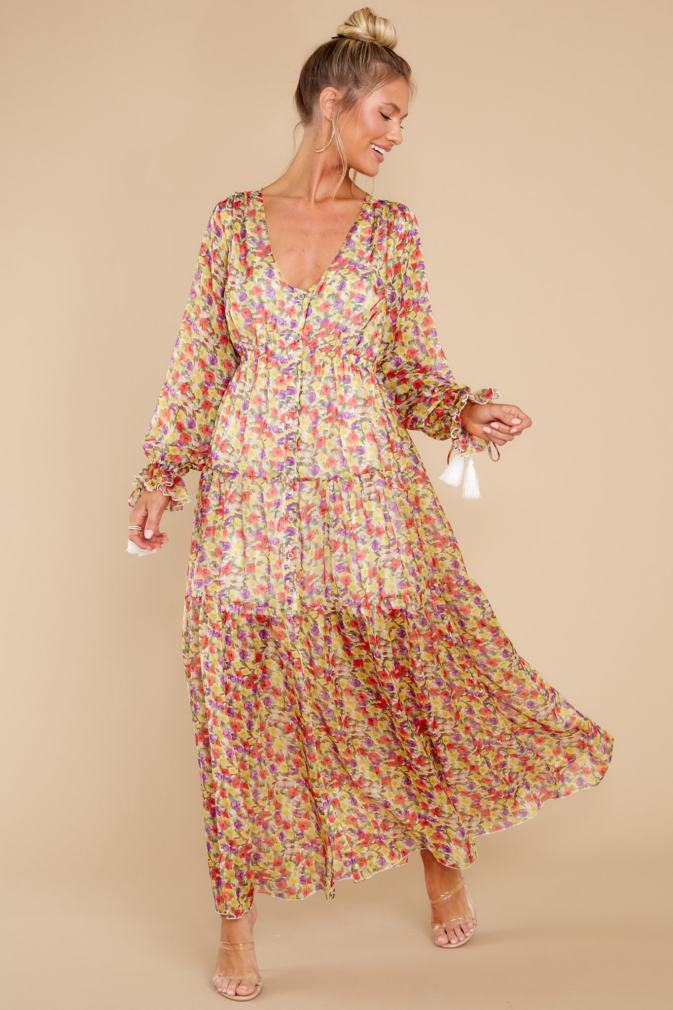 2 View From The Meadow Yellow Floral Print Maxi Dress at reddress.com