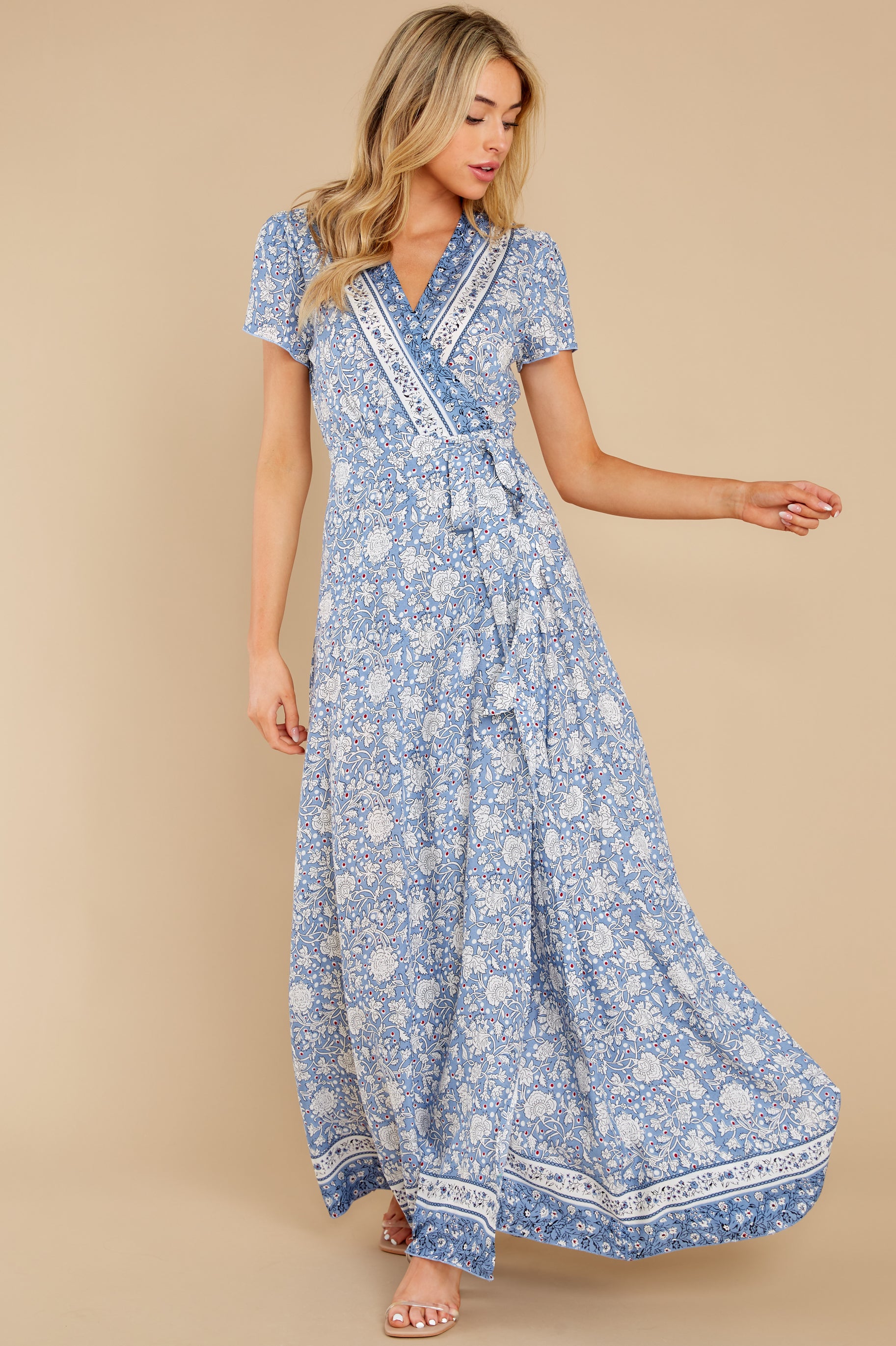 Sweet Blue Dress - Floral Print True Wrap Maxi Dress - Dress - $48.00 ...