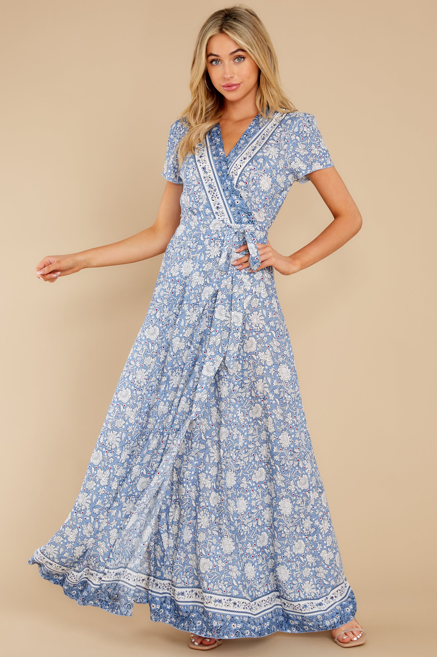 Sweet Blue Dress - Floral Print True Wrap Maxi Dress - Dress - $48.00 ...