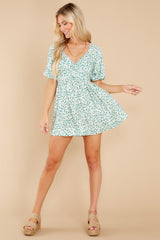 3 Set The Date White And Green Floral Print Dress at reddress.com