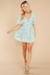 2 Set The Date White And Green Floral Print Dress at reddress.com