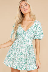 5 Set The Date White And Green Floral Print Dress at reddress.com