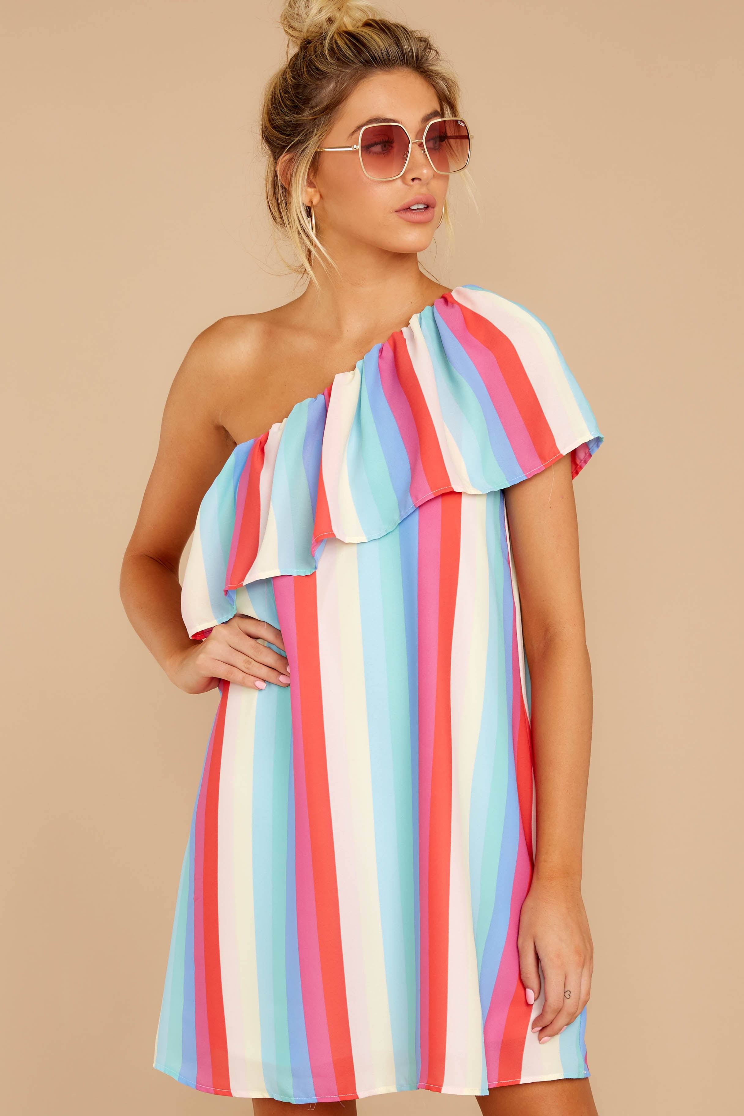 5 The Best View Pastel Rainbow Stripe One Shoulder Dress at reddress.com