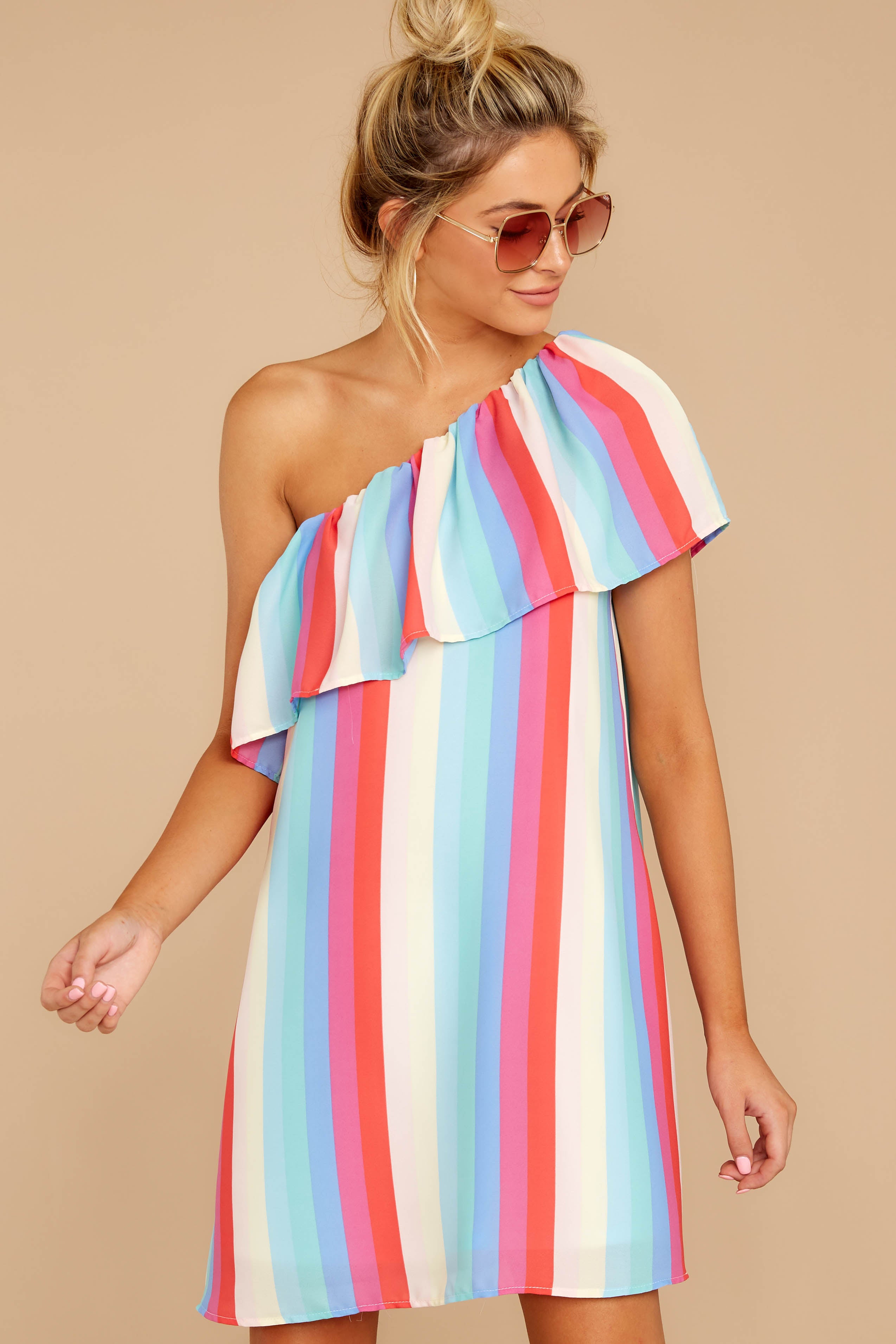 1 The Best View Pastel Rainbow Stripe One Shoulder Dress at reddress.com