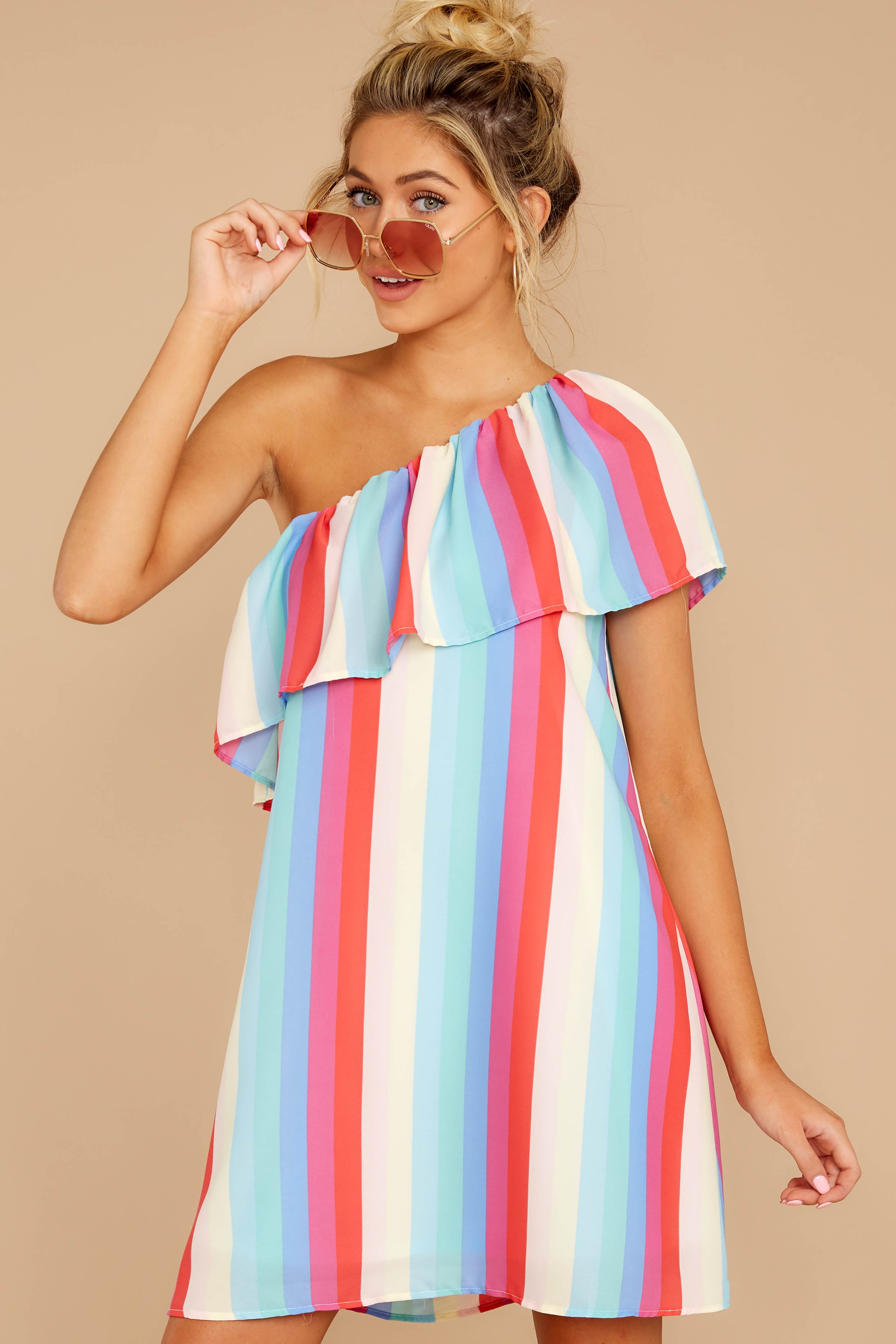 6 The Best View Pastel Rainbow Stripe One Shoulder Dress at reddress.com